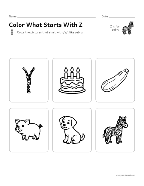Preview of the printable “Color what starts with Z” worksheet: hearing the Z sound at the start of a word