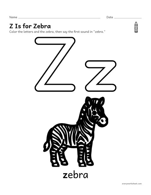 Preview of the printable “Letter Z coloring page” worksheet: recognizing the letter Z and its sound