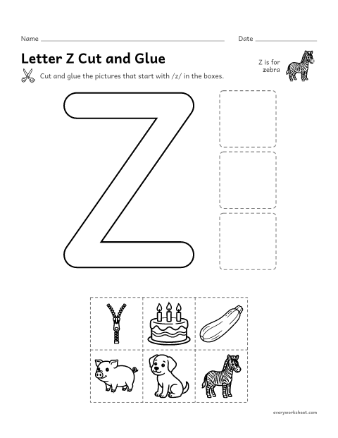 Preview of the printable “Letter Z cut and glue” worksheet: cutting out pictures that start with the Z sound