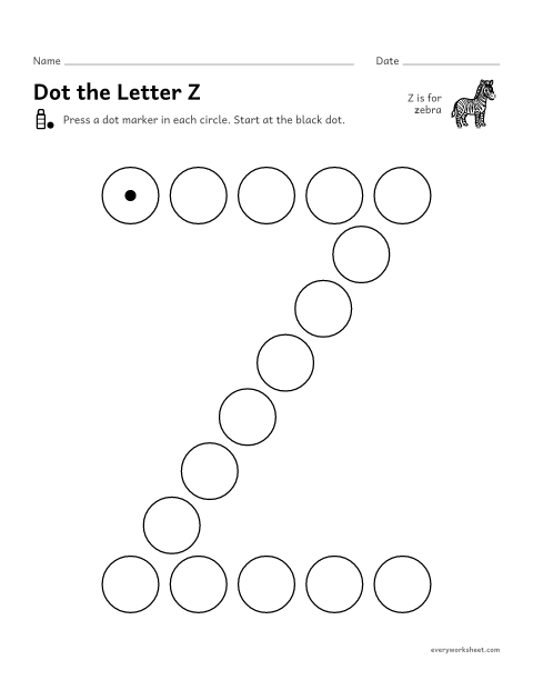 Preview of the printable “Dot the letter Z” worksheet: following the shape of Z and z with a dot marker