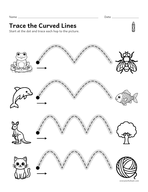 Preview of the printable “Trace curved lines” worksheet: tracing curved lines (hops)