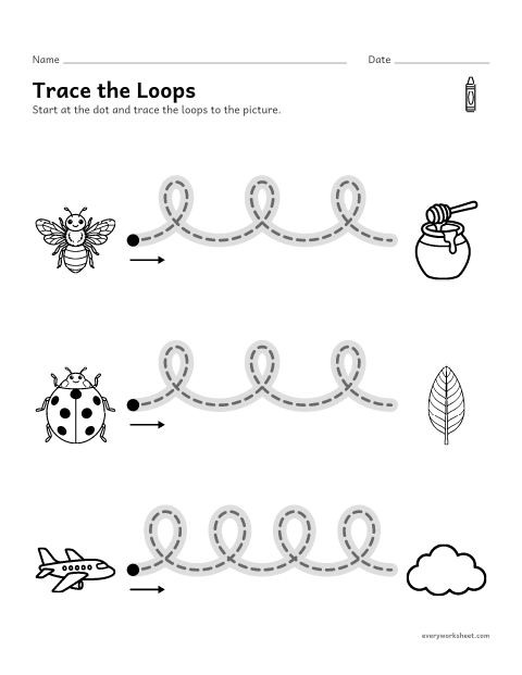 Preview of the printable “Trace loops” worksheet: tracing loops