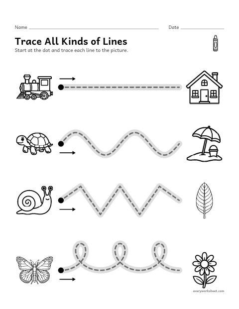 Preview of the printable “Line tracing review” worksheet: tracing straight, curved, wavy and zigzag lines and loops