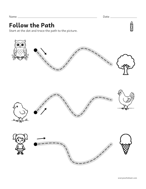 Preview of the printable “Picture to picture tracing paths” worksheet: tracing long curving paths from picture to picture