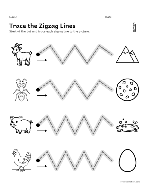 Preview of the printable “Trace zigzag lines” worksheet: tracing zigzag lines with sharp turns