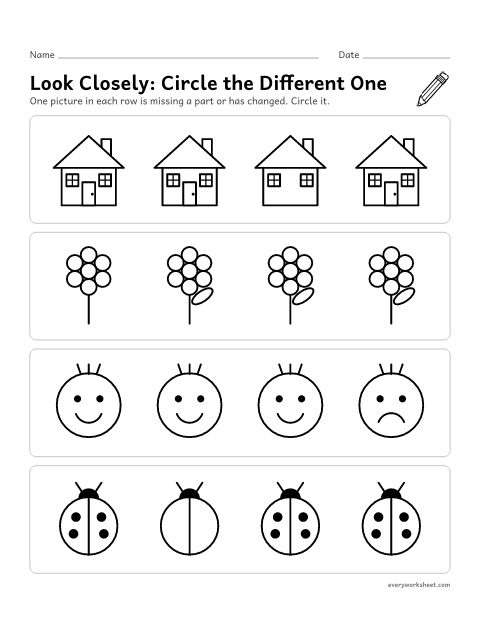 Preview of the printable “Look Closely: circle the different one” worksheet: finding a small difference between pictures