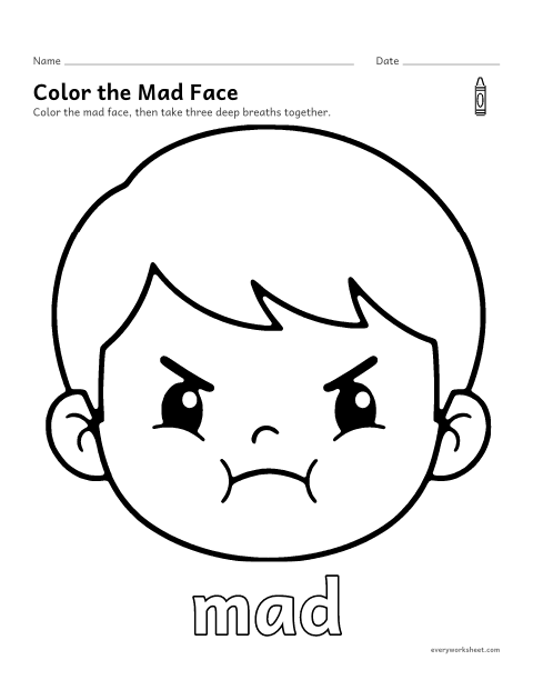 Preview of the printable “Mad face coloring page” worksheet: naming the feeling mad