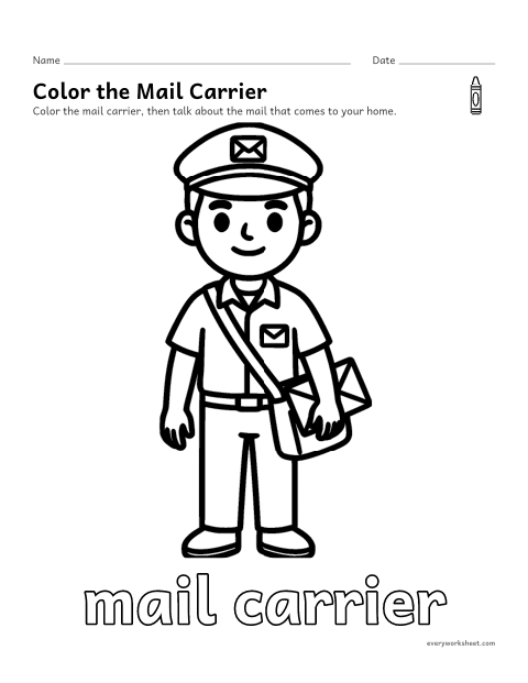 Preview of the printable “Mail carrier coloring page” worksheet: coloring a community helper and talking about the job