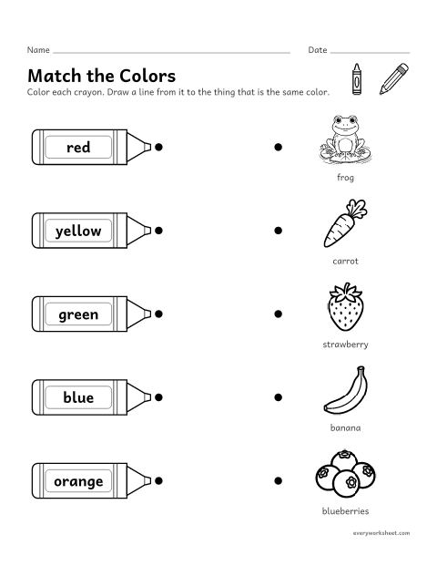 Preview of the printable “Match the colors” worksheet: matching color words to things of that color