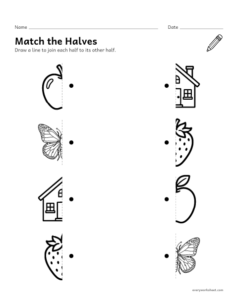 Preview of the printable “Match the halves” worksheet: matching the two halves of a picture