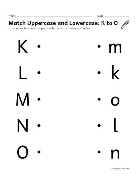 Preview of the printable “Match uppercase and Lowercase: K to O” worksheet: matching uppercase and lowercase letters K to O