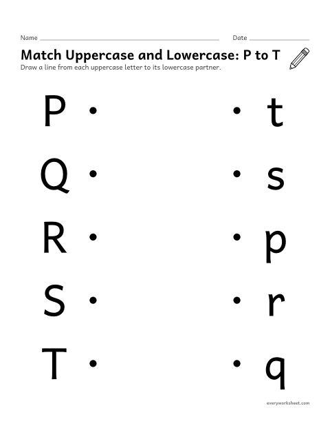 Preview of the printable “Match uppercase and Lowercase: P to T” worksheet: matching uppercase and lowercase letters P to T