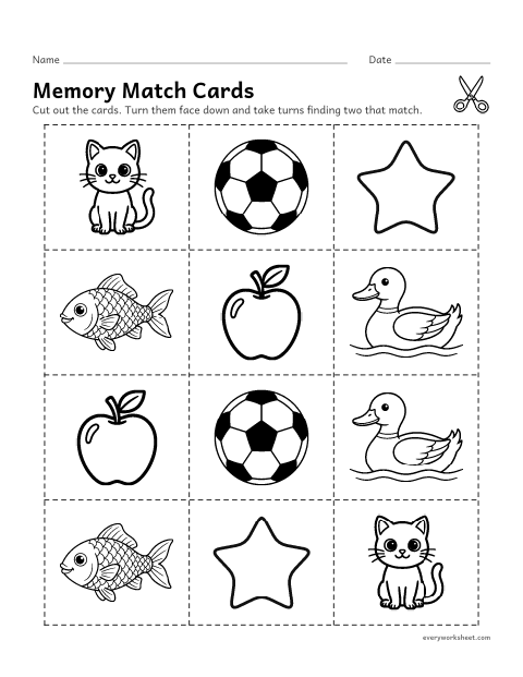 Preview of the printable “Matching memory game cards” worksheet: remembering where pictures are to find matching pairs