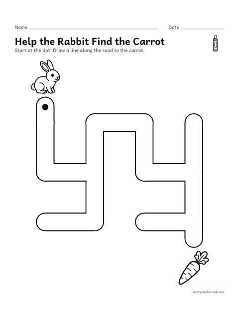 Preview of the printable “Preschool maze level 1: rabbit to carrot” worksheet: finding the one way through a maze with dead ends