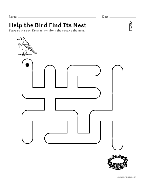 Preview of the printable “Preschool maze level 3: bird to nest” worksheet: finding the one way through a maze with dead ends