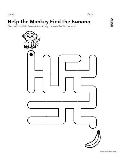 Preview of the printable “Preschool maze level 4: monkey to banana” worksheet: finding the one way through a maze with dead ends