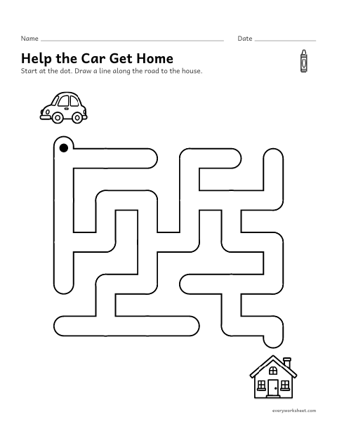 Preview of the printable “Preschool maze level 5: car to house” worksheet: finding the one way through a maze with dead ends