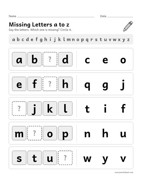 Preview of the printable “Missing letters a to z” worksheet: finding the missing lowercase letter in ABC order