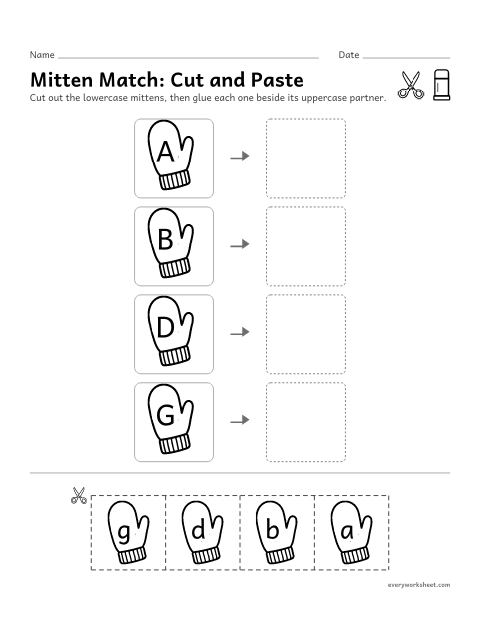 Preview of the printable “Mitten Match: cut and paste” worksheet: matching uppercase and lowercase letters