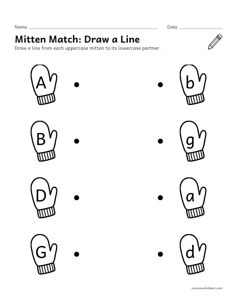 Preview of the printable “Mitten Match: draw a line” worksheet: matching uppercase and lowercase letters