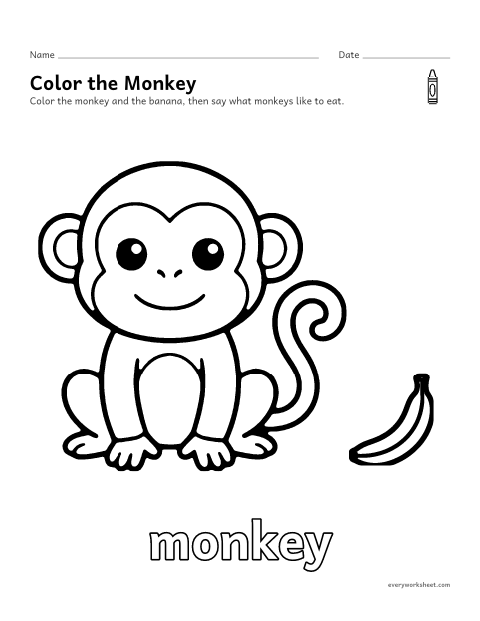 Preview of the printable “Monkey coloring page” worksheet: coloring a big picture of a monkey with crayons