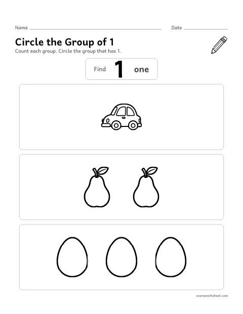 Preview of the printable “Circle the group of 1” worksheet: finding the group that has 1