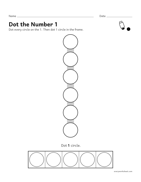 Preview of the printable “Dot the number 1” worksheet: dotting the number 1 and counting out 1