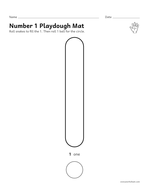 Preview of the printable “Number 1 playdough mat” worksheet: building the number 1 and making 1 balls