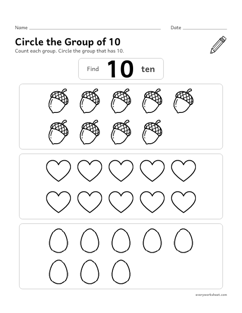 Preview of the printable “Circle the group of 10” worksheet: finding the group that has 10