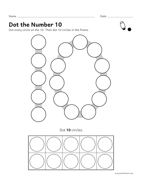 Preview of the printable “Dot the number 10” worksheet: dotting the number 10 and counting out 10