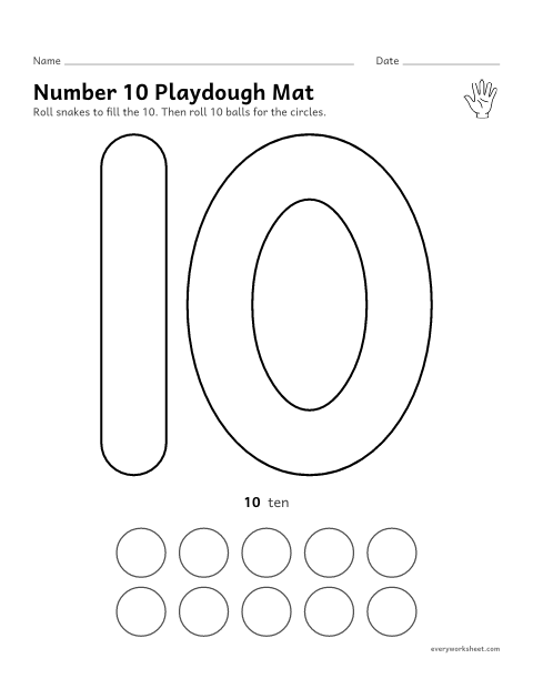 Preview of the printable “Number 10 playdough mat” worksheet: building the number 10 and making 10 balls
