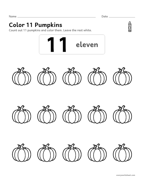Preview of the printable “Color 11 pumpkins” worksheet: counting out 11 objects from a group