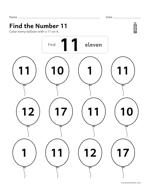Preview of the printable “Find the number 11” worksheet: recognizing the number 11 among look-alike numbers