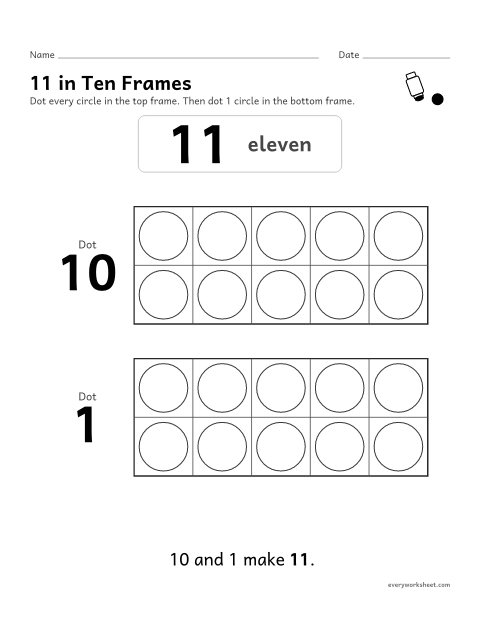 Preview of the printable “11 in ten frames” worksheet: showing 11 as 10 and 1 with a dot marker