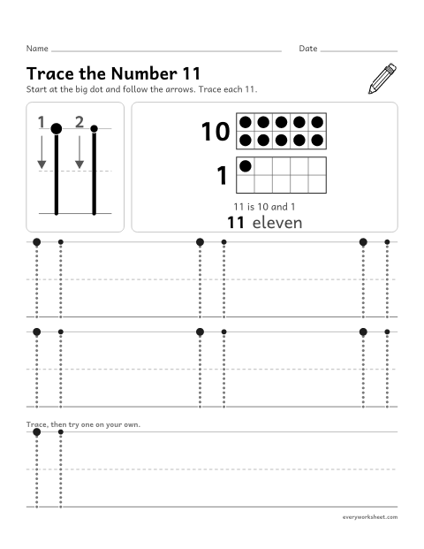 Preview of the printable “Trace the number 11” worksheet: tracing the number 11