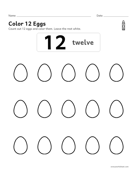 Preview of the printable “Color 12 eggs” worksheet: counting out 12 objects from a group