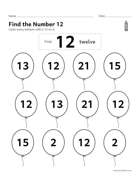 Preview of the printable “Find the number 12” worksheet: recognizing the number 12 among look-alike numbers