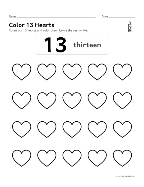 Preview of the printable “Color 13 hearts” worksheet: counting out 13 objects from a group