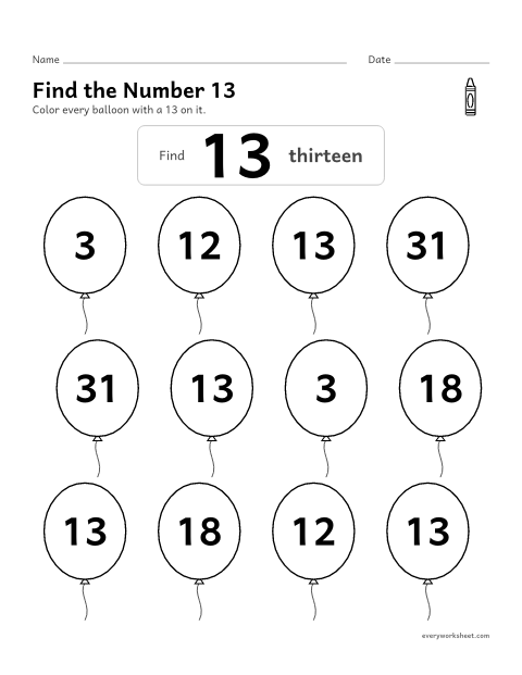 Preview of the printable “Find the number 13” worksheet: recognizing the number 13 among look-alike numbers