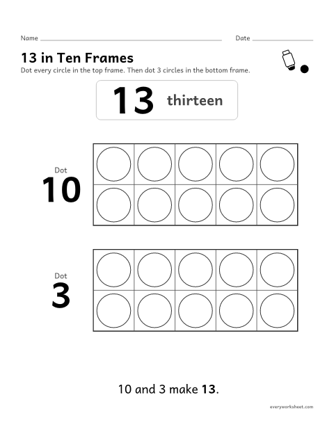 Preview of the printable “13 in ten frames” worksheet: showing 13 as 10 and 3 with a dot marker