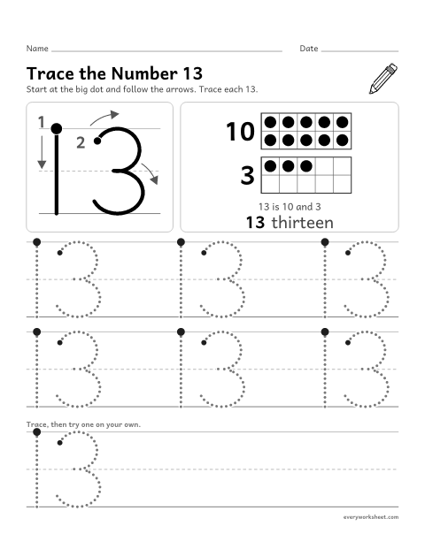 Preview of the printable “Trace the number 13” worksheet: tracing the number 13