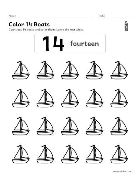 Preview of the printable “Color 14 boats” worksheet: counting out 14 objects from a group
