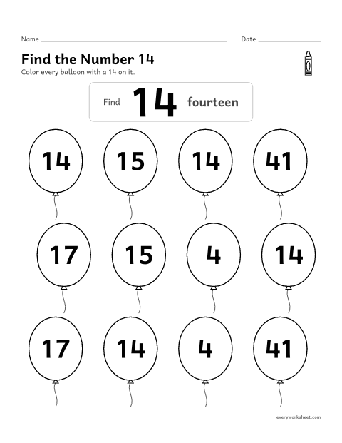 Preview of the printable “Find the number 14” worksheet: recognizing the number 14 among look-alike numbers