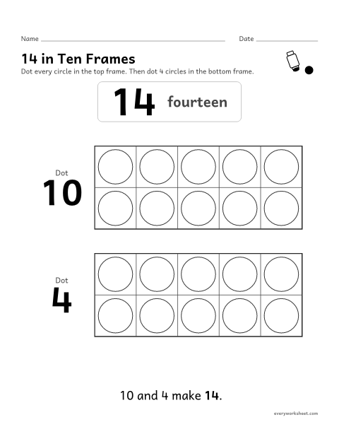 Preview of the printable “14 in ten frames” worksheet: showing 14 as 10 and 4 with a dot marker