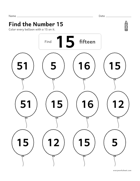 Preview of the printable “Find the number 15” worksheet: recognizing the number 15 among look-alike numbers