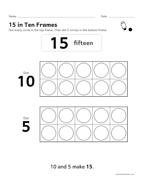 Preview of the printable “15 in ten frames” worksheet: showing 15 as 10 and 5 with a dot marker