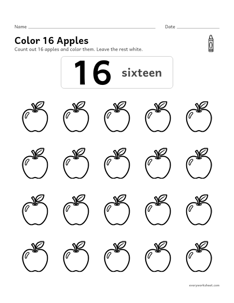 Preview of the printable “Color 16 apples” worksheet: counting out 16 objects from a group