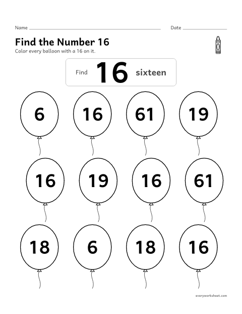Preview of the printable “Find the number 16” worksheet: recognizing the number 16 among look-alike numbers