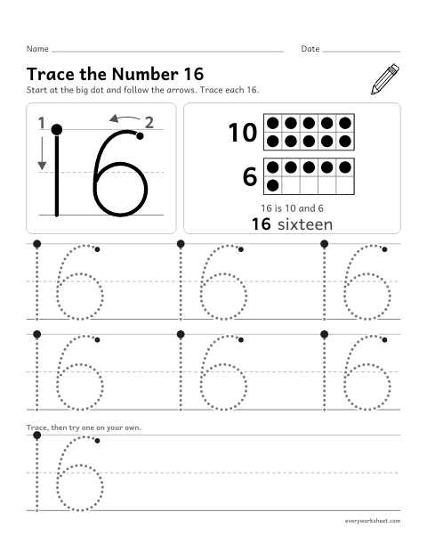 Preview of the printable “Trace the number 16” worksheet: tracing the number 16