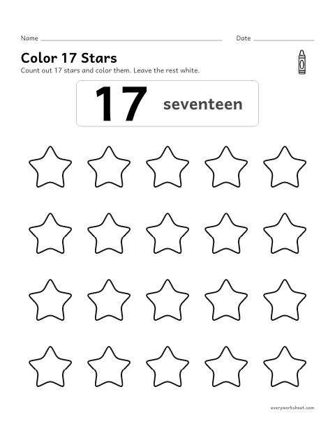 Preview of the printable “Color 17 stars” worksheet: counting out 17 objects from a group